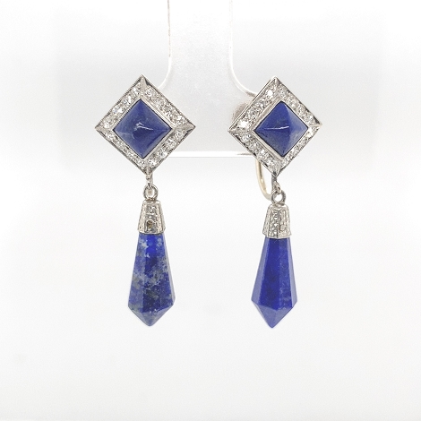 14K Gold Screwback Earrings with Lapis Lazuli  and Diamond Halo   j7667